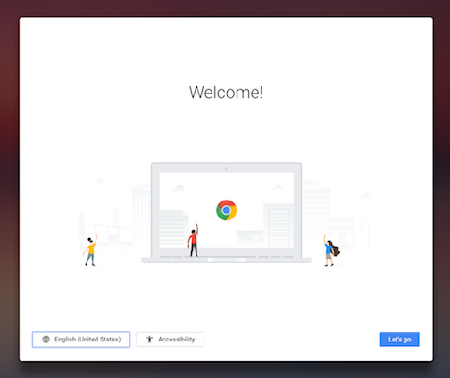 Chrome OS welcome screen with US region selected